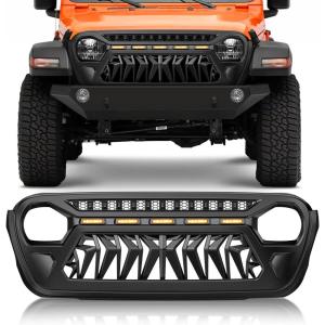 Nilight Front Grille Cover for 2018 2019 2020 2021 2022 2023 2024 2025 Wrangler JL and Gladiator JT with LED Amber Lights Matte Black(For 2018-2025 JL&JT Shark Mouth)