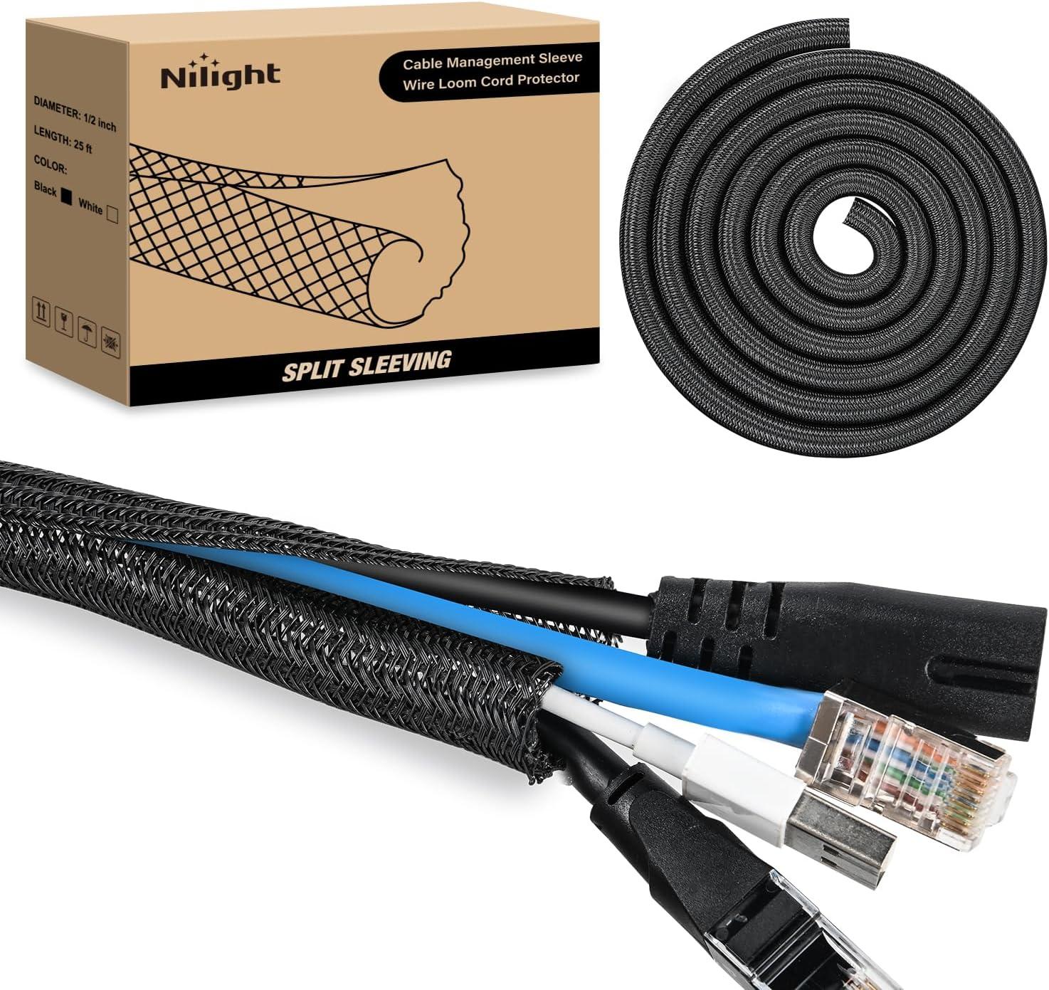 image:imageNilight Cable Sleeve10ft14inch Cord Management Sleeves Braided Sleeving Split Self Wrapping Wire Loom for Computer Electrical Automotive Harness Protector Organizer WhiteBlack