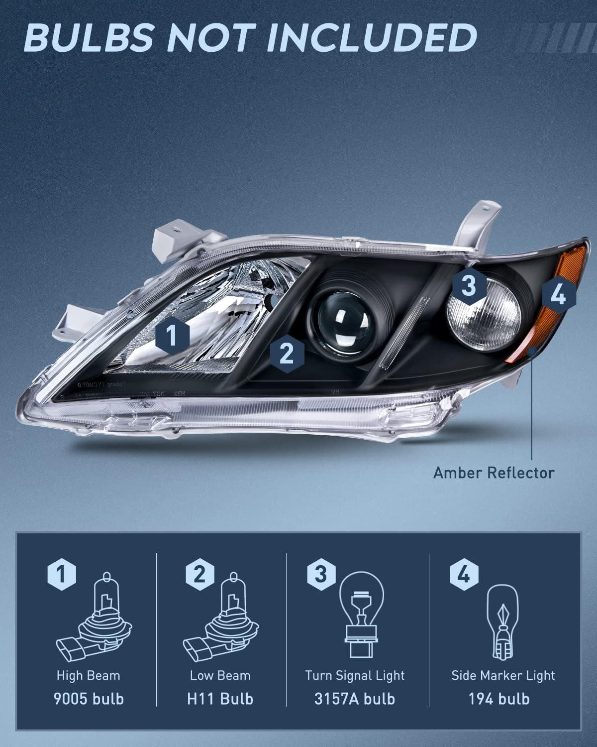 image:imageNilight Headlight Assembly Compatible with 2007 2008 2009 Toyota Camry Headlamps Replacement Black Housing Amber Reflector Driver and Passenger SideBlack Housing Amber Reflector