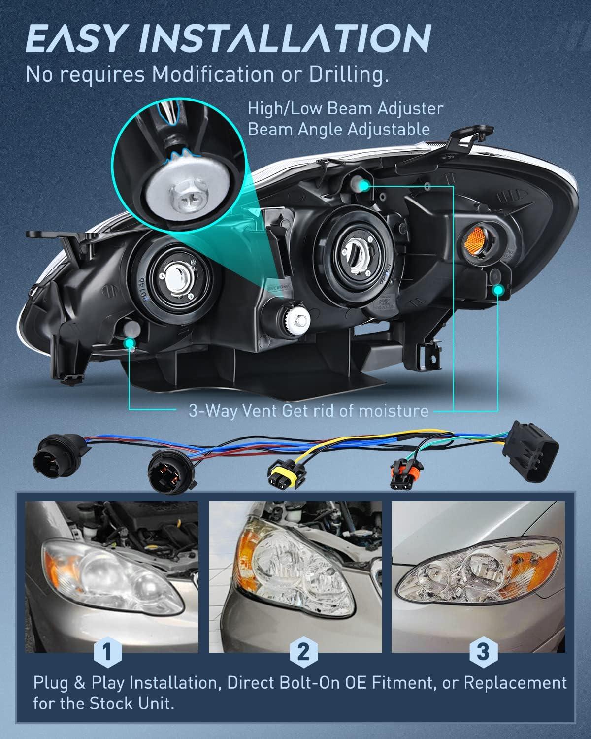image:imageNilight Headlight Assembly for 2003 2004 2005 2006 2007 2008 Toyota Corolla Headlamps Replacement Black Housing Amber Reflector Driver and Passenger SideChrome Housing Amber Reflector