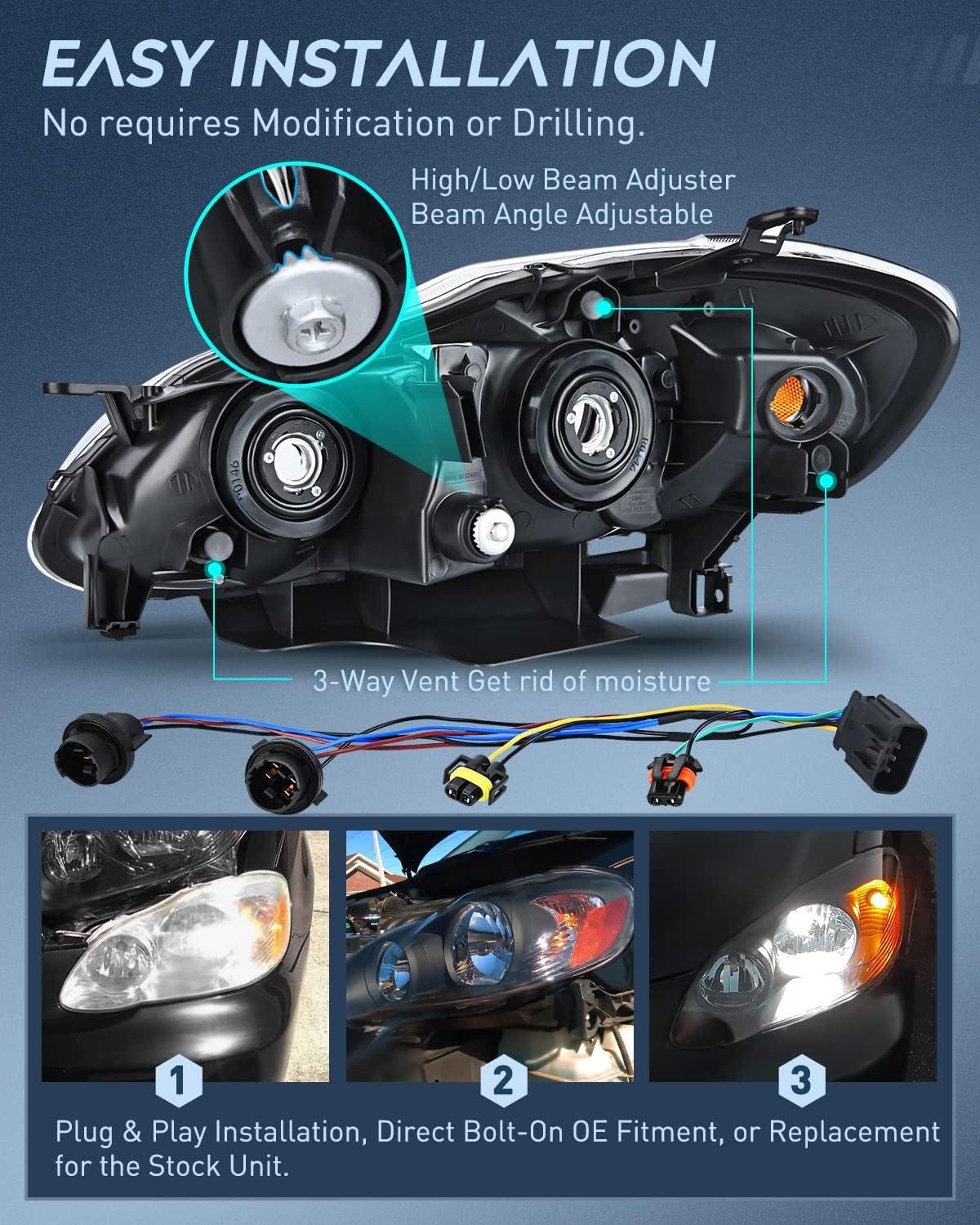 image:imageNilight Headlight Assembly for 2003 2004 2005 2006 2007 2008 Toyota Corolla Headlamps Replacement Black Housing Amber Reflector Driver and Passenger SideBlack Housing Amber Reflector