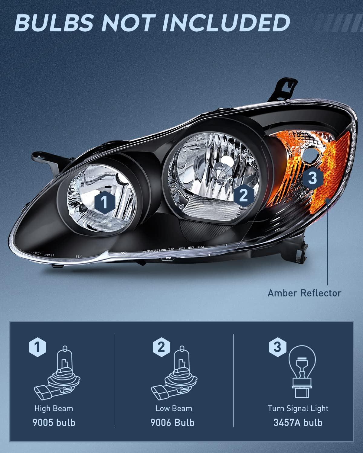 image:imageNilight Headlight Assembly for 2003 2004 2005 2006 2007 2008 Toyota Corolla Headlamps Replacement Black Housing Amber Reflector Driver and Passenger SideBlack Housing Amber Reflector