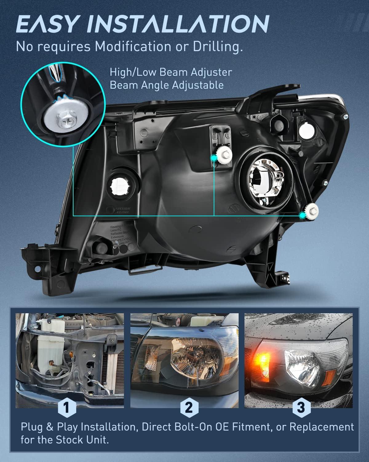 image:imageNilight Headlight Assembly for 2005 2006 2007 2008 2009 2010 2011 Toyota Tacoma Replacement Headlamp Chrome Housing Amber ReflectorBlack Housing Amber Reflector