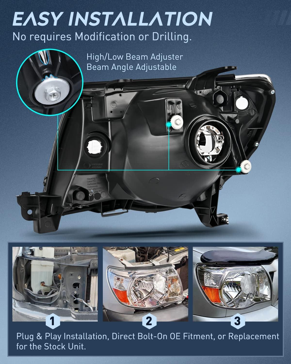 image:imageNilight Headlight Assembly for 2005 2006 2007 2008 2009 2010 2011 Toyota Tacoma Replacement Headlamp Chrome Housing Amber ReflectorChrome Housing Amber Reflector