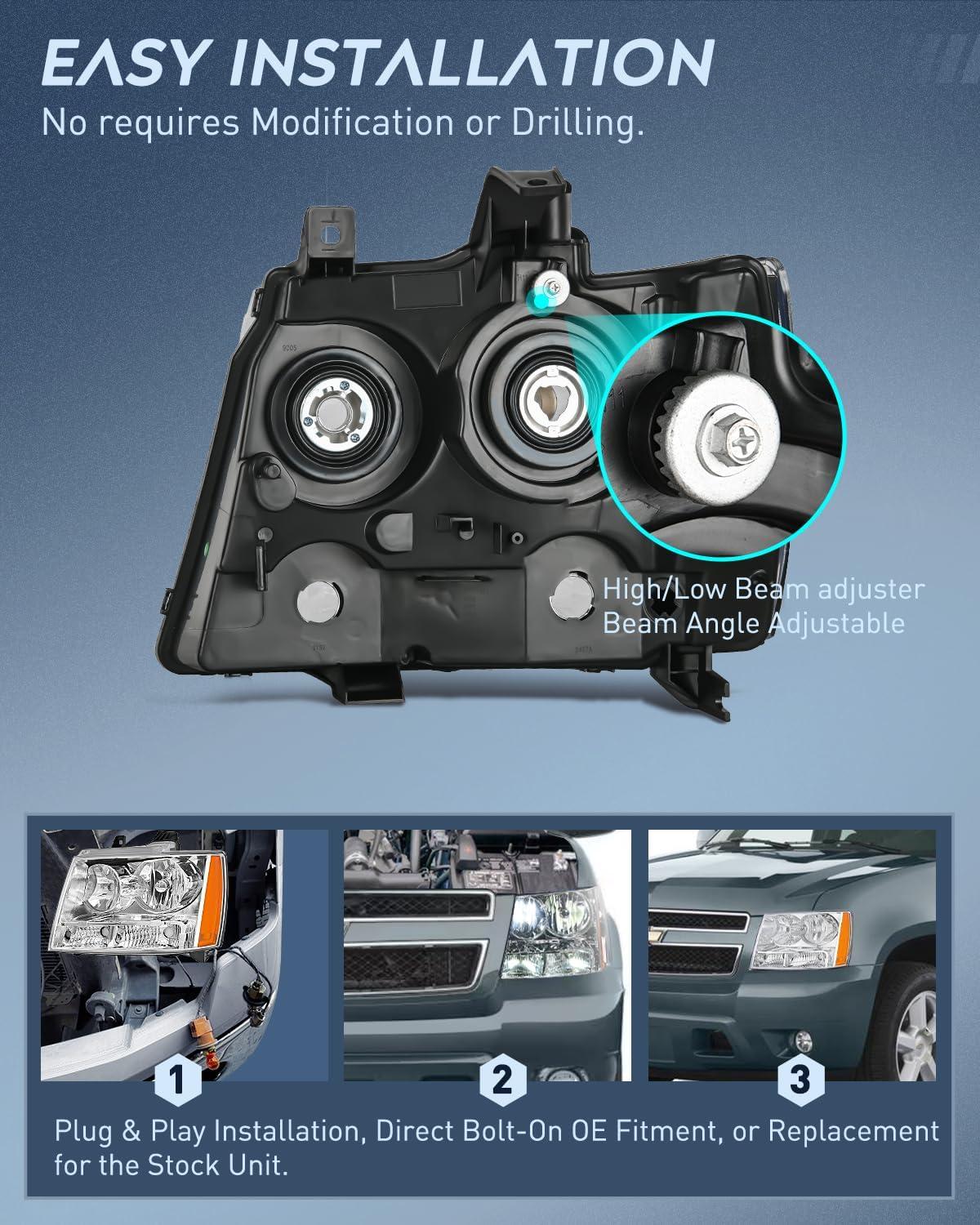image:imageNilight Headlight Assembly for 2007 2008 2009 2010 2011 2012 2013 2014 Chevy Avalanche Tahoe Suburban 1500 2500 Replacement Headlamp Bumper Lamp Set Black Housing Amber Reflector Smoked LensChrome Housing Amber Reflector