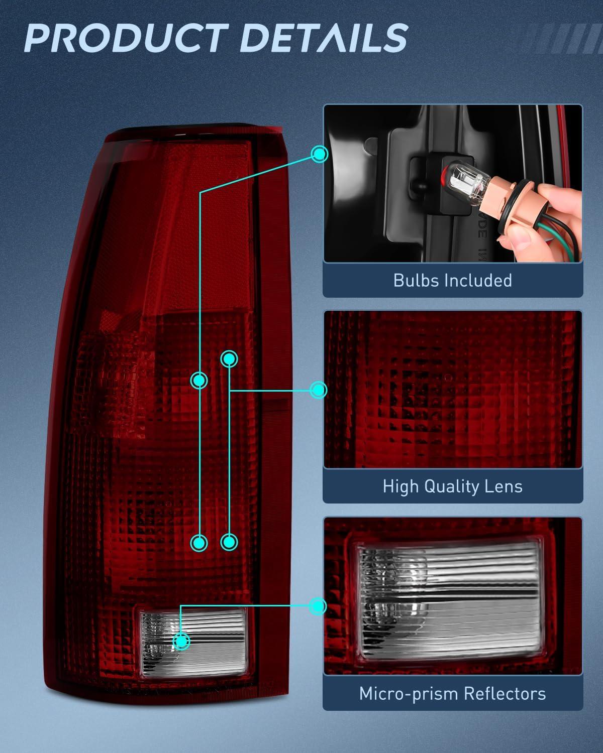 image:imageNilight Headlight and Taillight Assembly Combo Compatible with 1994 1995 1996 1997 1998 Chevy Silverado Tahoe Suburban C10 CK 1500 2500 3500 Tail Light Chrome Housing Clear Reflector Bumper LampDark Red w3rd Brake Light