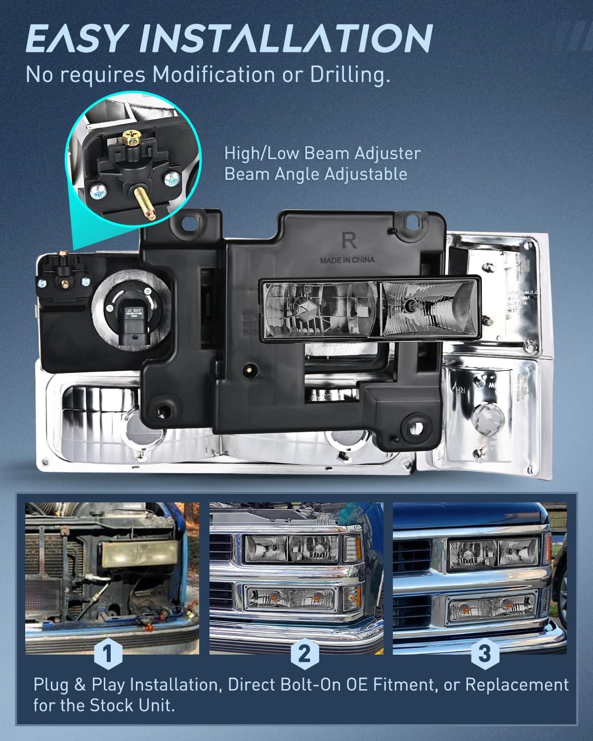 image:imageNilight Headlight and Taillight Assembly Combo Compatible with 1994 1995 1996 1997 1998 Chevy Silverado Tahoe Suburban C10 CK 1500 2500 3500 Tail Light Chrome Housing Clear Reflector Bumper LampSmoke Lens Amber Reflector wTaillight