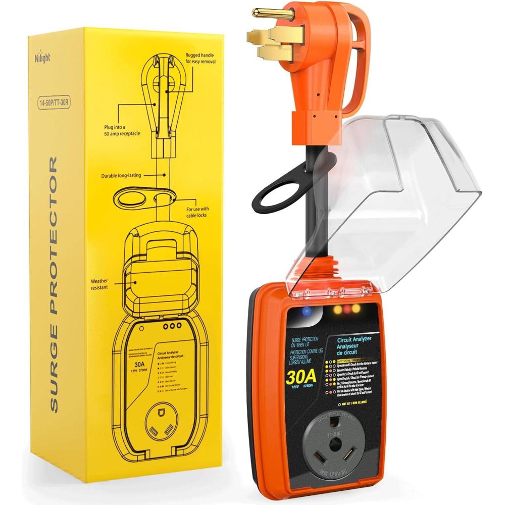 image:imageNilight 30Amp RV Surge Protector Circuit Analyzer 2100 Joules Voltage Monitor High Low Spikes 125V3750W ETL Listed with Extension Cord for Camper Van50A to 30A