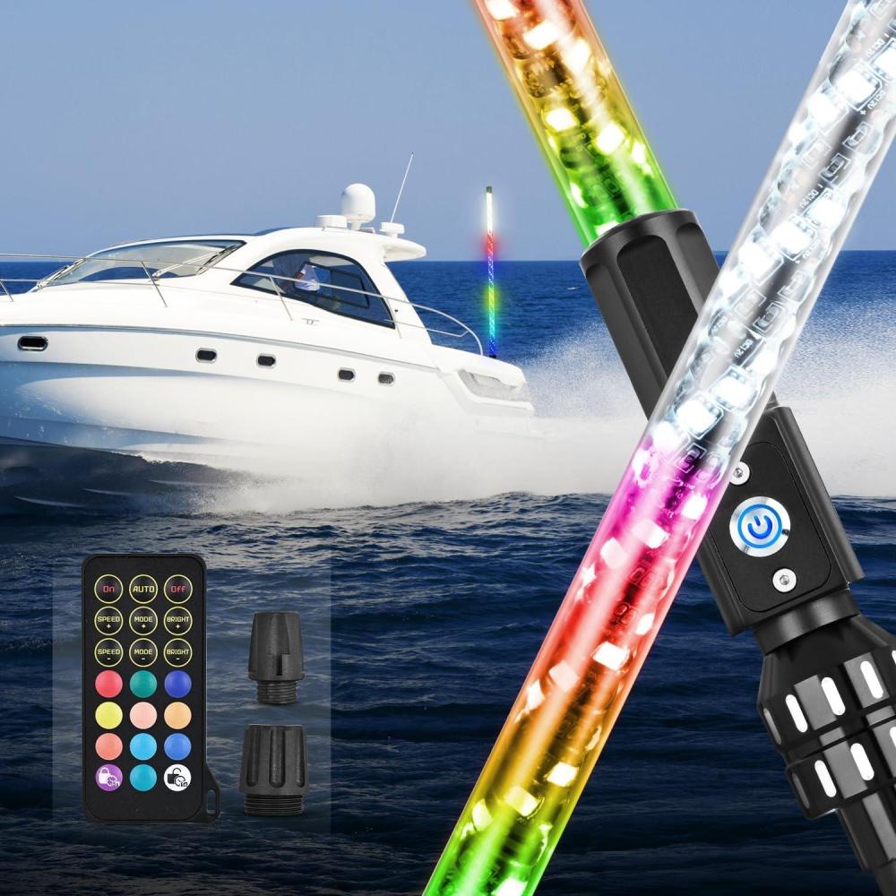 image:imageNilight Boat Navigation Light 5FT Spiral LED Whip Lights 360 Visibility 2NM Coast Guard Compliant 400 Patterns with Remote Plugin Base Boats Stern Navlight for Night Fishing Yacht Pontoon3FT