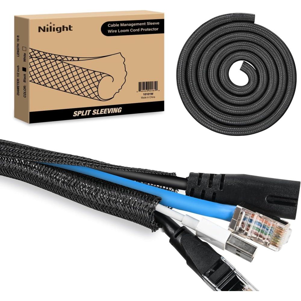 image:imageNilight Cable Sleeve10ft14inch Cord Management Sleeves Braided Sleeving Split Self Wrapping Wire Loom for Computer Electrical Automotive Harness Protector Organizer WhiteBlack
