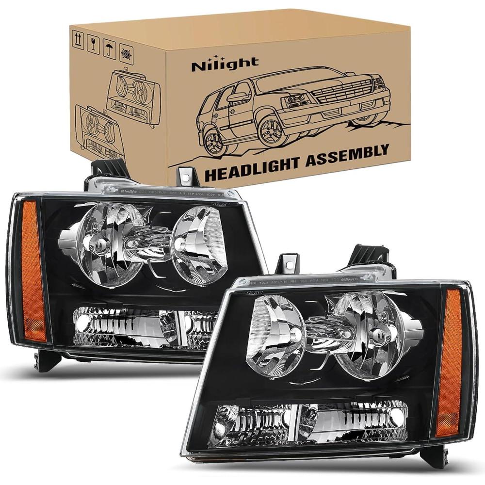 image:imageNilight Headlight Assembly for 2007 2008 2009 2010 2011 2012 2013 2014 Chevy Avalanche Tahoe Suburban 1500 2500 Replacement Headlamp Bumper Lamp Set Black Housing Amber Reflector Smoked LensBlack Housing Amber Reflector