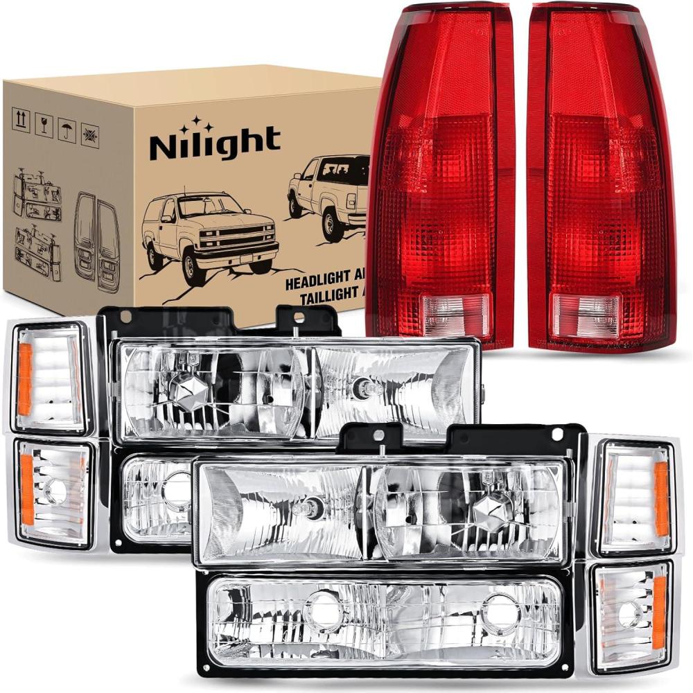 image:imageNilight Headlight and Taillight Assembly Combo Compatible with 1994 1995 1996 1997 1998 Chevy Silverado Tahoe Suburban C10 CK 1500 2500 3500 Tail Light Chrome Housing Clear Reflector Bumper LampChrome Housing Amber Reflector Combo