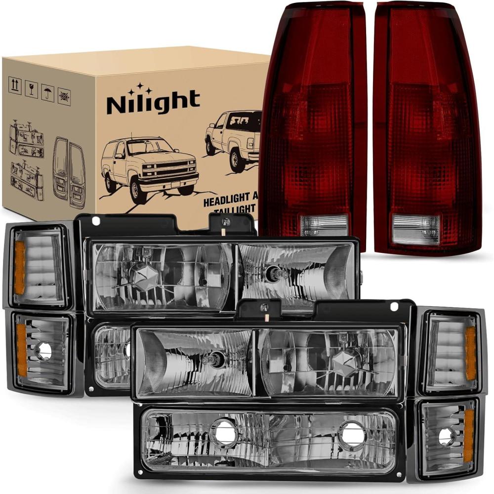 image:imageNilight Headlight and Taillight Assembly Combo Compatible with 1994 1995 1996 1997 1998 Chevy Silverado Tahoe Suburban C10 CK 1500 2500 3500 Tail Light Chrome Housing Clear Reflector Bumper LampSmoke Lens Amber Reflector wTaillight