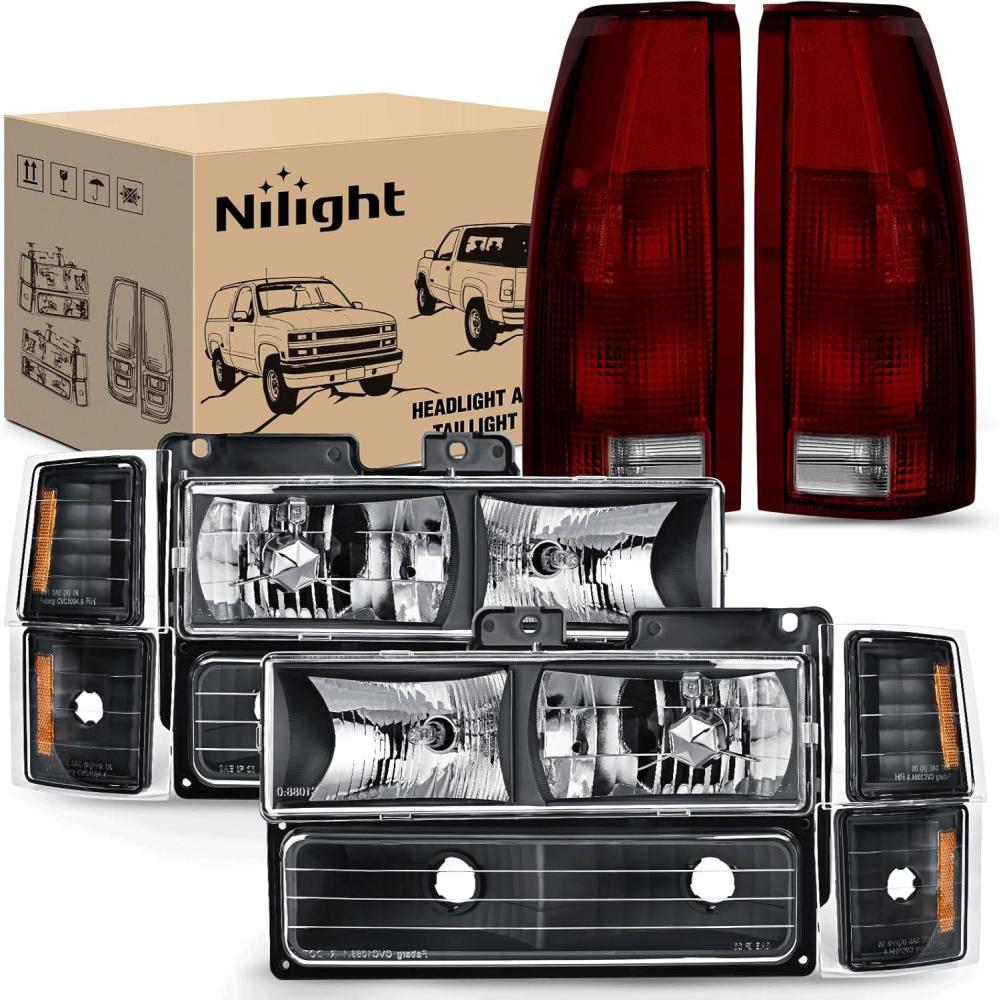 image:imageNilight Headlight and Taillight Assembly Combo Compatible with 1994 1995 1996 1997 1998 Chevy Silverado Tahoe Suburban C10 CK 1500 2500 3500 Tail Light Chrome Housing Clear Reflector Bumper LampBlack Housing Amber Reflector wTailight