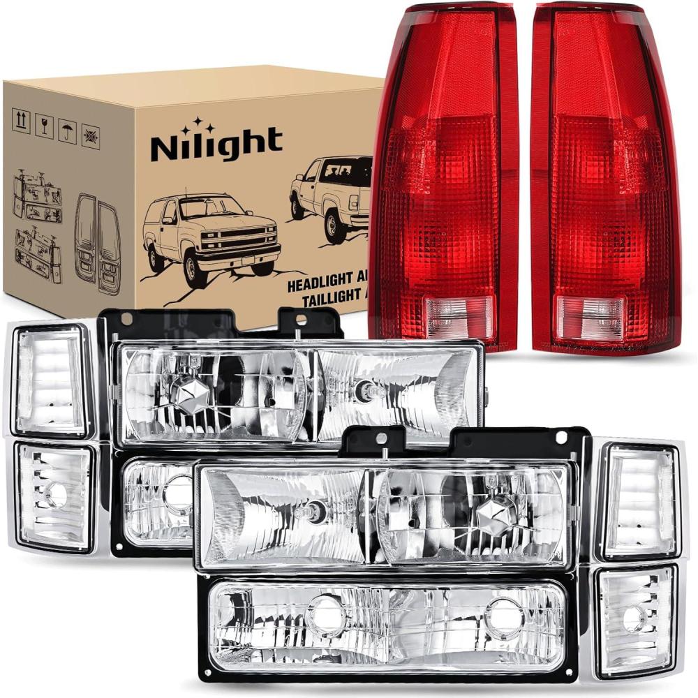 image:imageNilight Headlight and Taillight Assembly Combo Compatible with 1994 1995 1996 1997 1998 Chevy Silverado Tahoe Suburban C10 CK 1500 2500 3500 Tail Light Chrome Housing Clear Reflector Bumper LampChrome Housing Clear wTailight