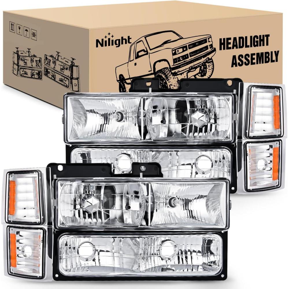 image:imageNilight Headlight and Taillight Assembly Combo Compatible with 1994 1995 1996 1997 1998 Chevy Silverado Tahoe Suburban C10 CK 1500 2500 3500 Tail Light Chrome Housing Clear Reflector Bumper LampChrome Housing Amber Reflector