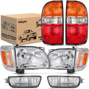 Nilight Headlight Assembly Compatible with 2001 2002 2003 2004 Toyota Tacoma Replacement Headlamp Chrome Housing Amber Reflector Driver and Passenger Side(Chrome Housing + Amber Reflector w/Tailight)