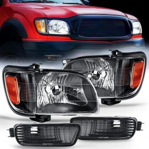 Nilight Headlight Assembly Compatible with 2001 2002 2003 2004 Toyota Tacoma Replacement Headlamp Chrome Housing Amber Reflector Driver and Passenger Side(Black Housing+ Amber Reflector)