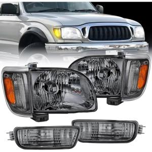 Nilight Headlight Assembly Compatible with 2001 2002 2003 2004 Toyota Tacoma Replacement Headlamp Chrome Housing Amber Reflector Driver and Passenger Side(Chrome Housing+ Amber Reflector+Smoke Lens)
