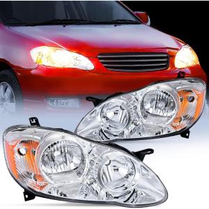 Nilight Headlight Assembly for 2003 2004 2005 2006 2007 2008 Toyota Corolla Headlamps Replacement Black Housing Amber Reflector Driver and Passenger Side(Chrome Housing + Amber Reflector)