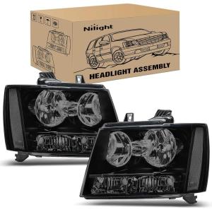 Nilight Headlight Assembly for 2007 2008 2009 2010 2011 2012 2013 2014 Chevy Avalanche Tahoe Suburban 1500 2500 Replacement Headlamp Bumper Lamp Set Black Housing Amber Reflector(Smoke Housing + Clear Reflector)