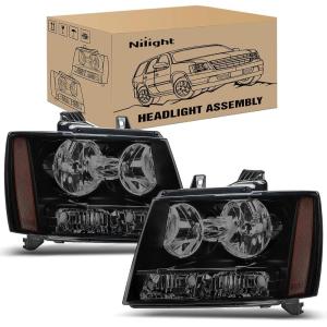 Nilight Headlight Assembly for 2007 2008 2009 2010 2011 2012 2013 2014 Chevy Avalanche Tahoe Suburban 1500 2500 Replacement Headlamp Bumper Lamp Set Black Housing Amber Reflector(Smoke Housing+ Amber Reflector)