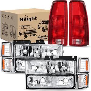 Nilight Headlight and Taillight Assembly Combo Compatible with 1994 1995 1996 1997 1998 Chevy Silverado Tahoe Suburban C10 C/K 1500 2500 3500 Tail Light Chrome Housing Clear Reflector Bumper Lamp(Chrome Housing + Amber Reflector Combo)