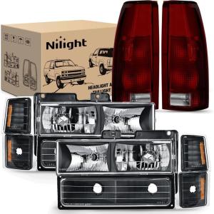 Nilight Headlight and Taillight Assembly Combo Compatible with 1994 1995 1996 1997 1998 Chevy Silverado Tahoe Suburban C10 C/K 1500 2500 3500 Tail Light Chrome Housing Clear Reflector Bumper Lamp(Black Housing + Amber Reflector w/Tailight)