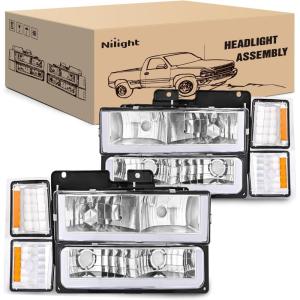 Nilight Headlight and Taillight Assembly Combo Compatible with 1994 1995 1996 1997 1998 Chevy Silverado Tahoe Suburban C10 C/K 1500 2500 3500 Tail Light Chrome Housing Clear Reflector Bumper Lamp(Chrome+ Amber Reflector)