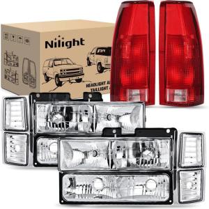 Nilight Headlight and Taillight Assembly Combo Compatible with 1994 1995 1996 1997 1998 Chevy Silverado Tahoe Suburban C10 C/K 1500 2500 3500 Tail Light Chrome Housing Clear Reflector Bumper Lamp(Chrome Housing + Clear w/Tailight)