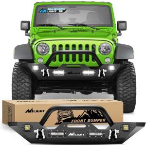 Nilight Rear Bumper & Spare Tire Rack & Hitch Receiver w/2 LED Lights Compatible for 2007-2018 Wrangler JK for 2007-2018 Wrangler JK & Unlimited(Front Bumper)