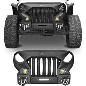 Nilight Rear Bumper & Spare Tire Rack & Hitch Receiver w/2 LED Lights Compatible for 2007-2018 Wrangler JK for 2007-2018 Wrangler JK & Unlimited(Front Bumper Grill)