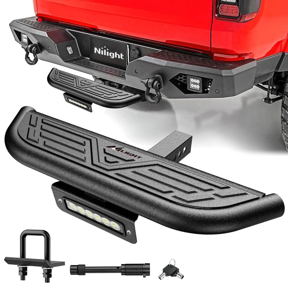 image:imageNilight 36 Hitch Step Fits 2 Receivers 3 Round Tubing Stainless Steel with Rubber NonSlip Pad Rear Bumper Guard with 58 Hitch Pin Clip amp UBolts Stabilize for Pickup Truck Car SUVHitch Step wLed Light
