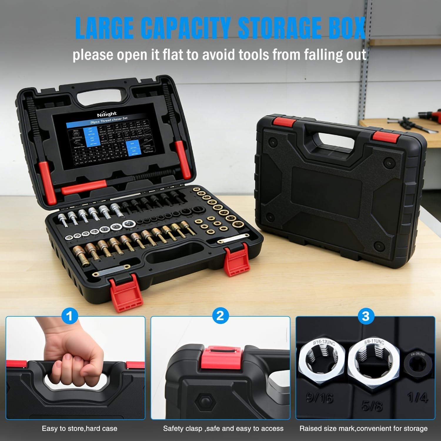 image:imageNilight 56PCS Metric Thread Chaser Set SAE Metrics Master Thread Repair Kit with Case 23 Taps 28 Dies 3 Files 2 Gauge Universal UNC UNF Sizes Automotive Tool for Mechanics Auto Shop Home Garage Repair