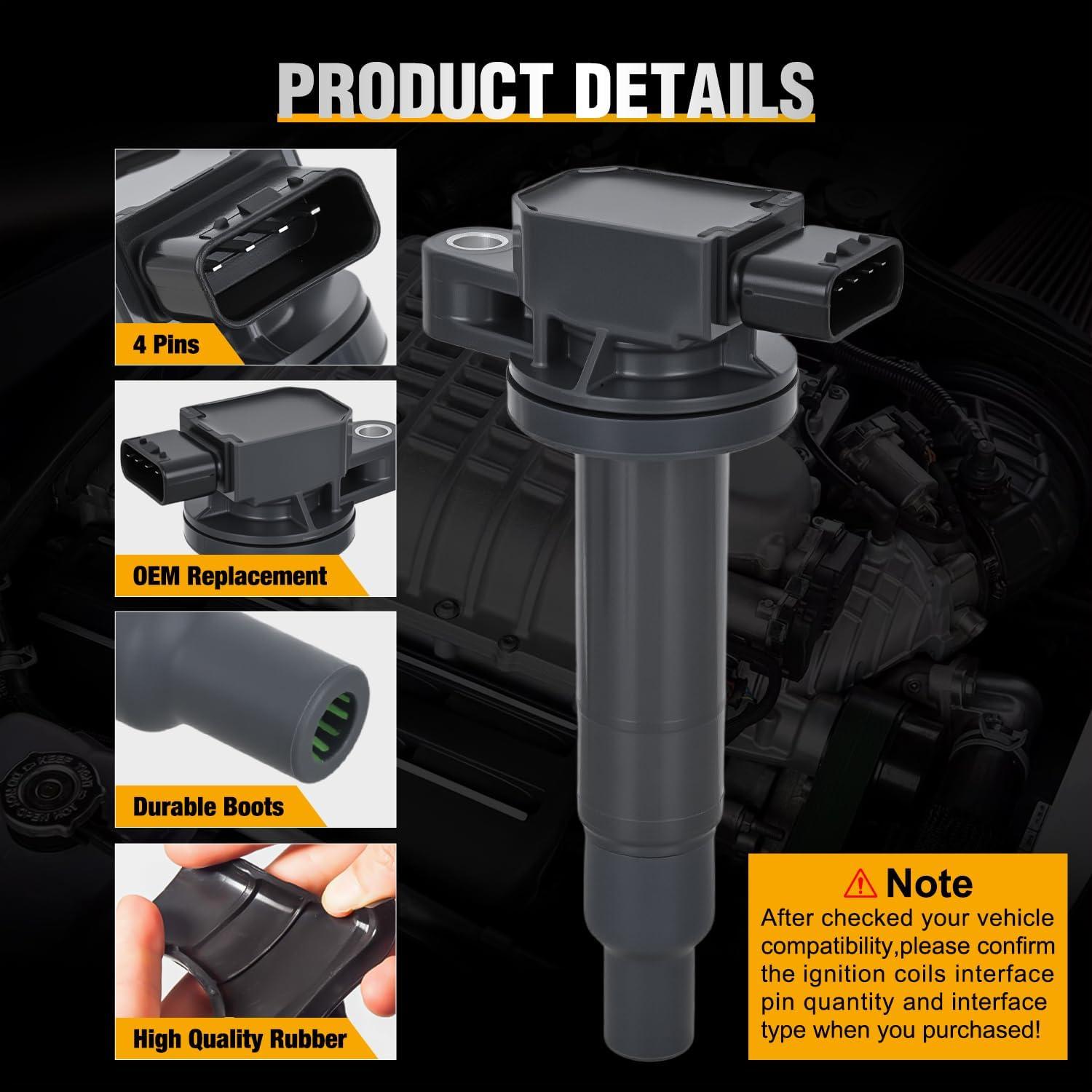 image:imageNilight Ignition Coil Pack Fit for Nissan Infiniti Suzuki Equator Murano Altima Maxima Pathfinder Quest Xterra NV150025003500 I35 QX4 20022014 35L 40L V6 OE UF349 C1406 Ignition Coils Set of 6Toyota Scion Camry 20002018 UF316 C1304 4PCS