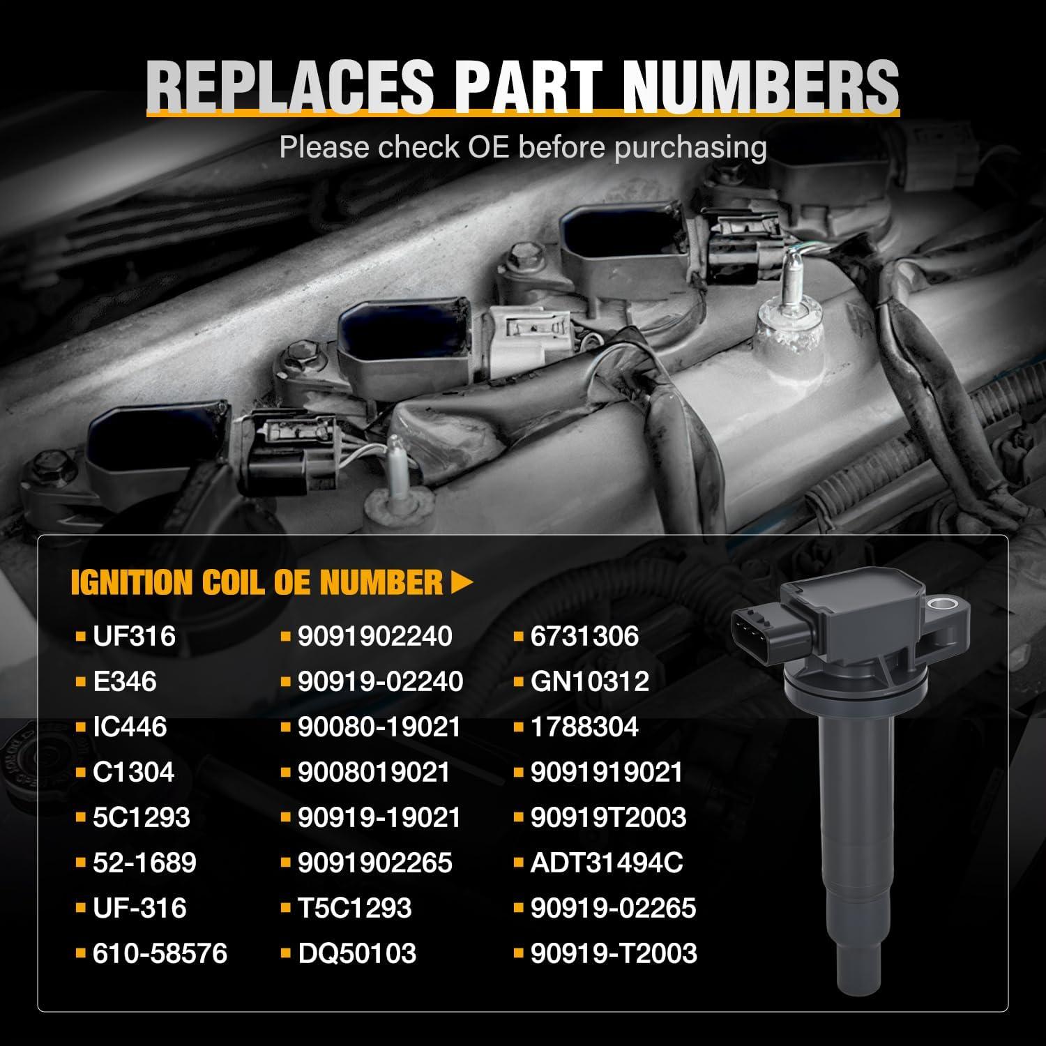 image:imageNilight Ignition Coil Pack Fit for Nissan Infiniti Suzuki Equator Murano Altima Maxima Pathfinder Quest Xterra NV150025003500 I35 QX4 20022014 35L 40L V6 OE UF349 C1406 Ignition Coils Set of 6Toyota Scion Camry 20002018 UF316 C1304 4PCS