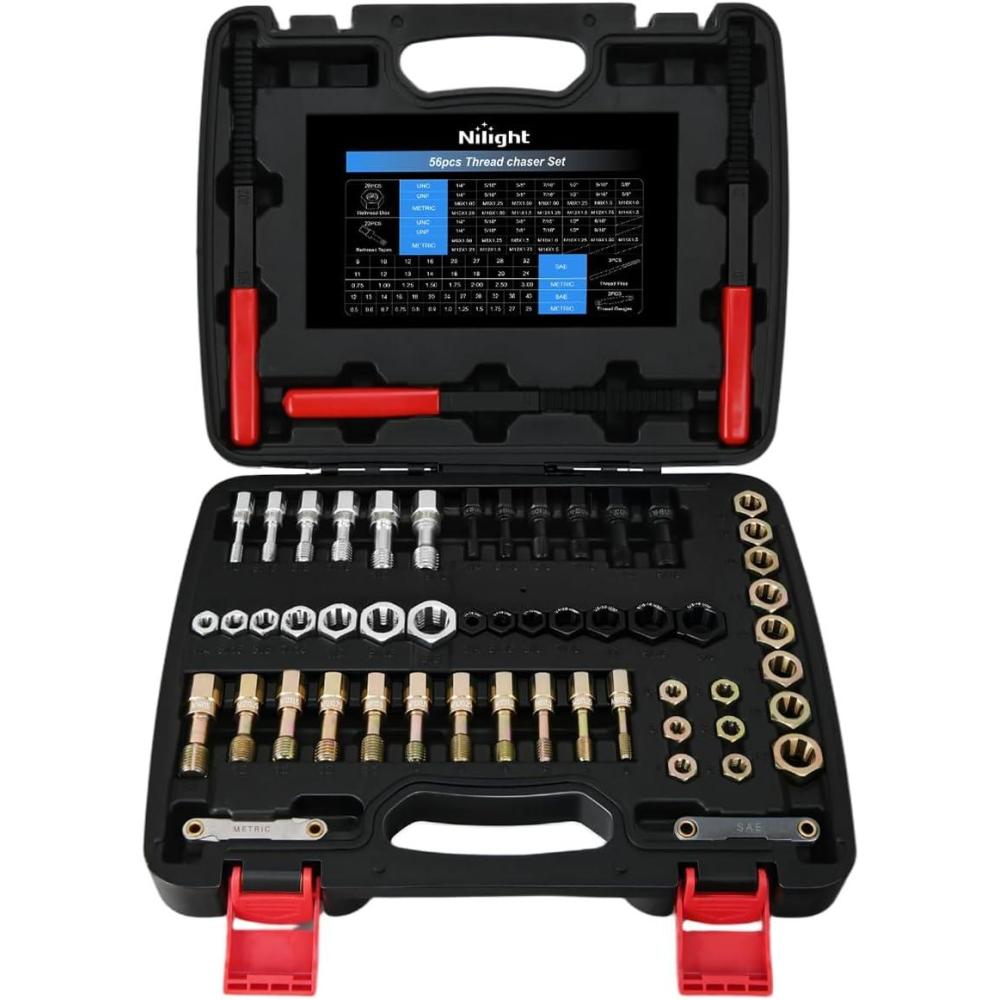 image:imageNilight 56PCS Metric Thread Chaser Set SAE Metrics Master Thread Repair Kit with Case 23 Taps 28 Dies 3 Files 2 Gauge Universal UNC UNF Sizes Automotive Tool for Mechanics Auto Shop Home Garage Repair