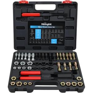 Nilight 49PCS Metric Thread Chaser Set SAE Metrics Master Thread Repair Kit with Case 22 Taps 24 Dies 3 Thread Files Universal UNC UNF Sizes Automotive Tool for Mechanics Auto Shops Home Garage Repair