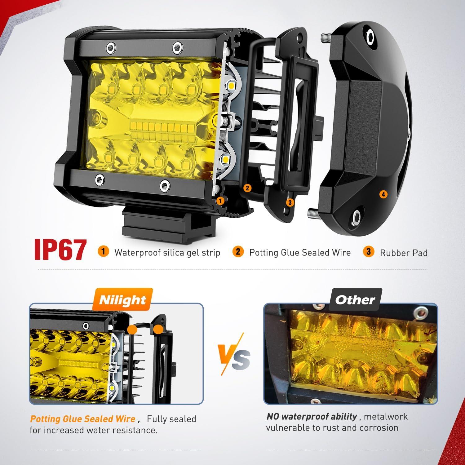 image:imageNilight 4 Inch Yellow LED Light Pods 2PCS Triple Row 60W Flood Spot Combo Offroad Driving Fog Lighting for 12V 24V Pickup Truck ATV UTV SUVBlack housing