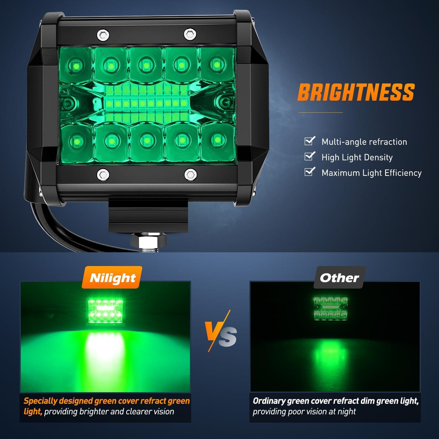 image:imageNilight 4 Inch Yellow LED Light Pods 2PCS Triple Row 60W Flood Spot Combo Offroad Driving Fog Lighting for 12V 24V Pickup Truck ATV UTV SUVGreen Led Pods