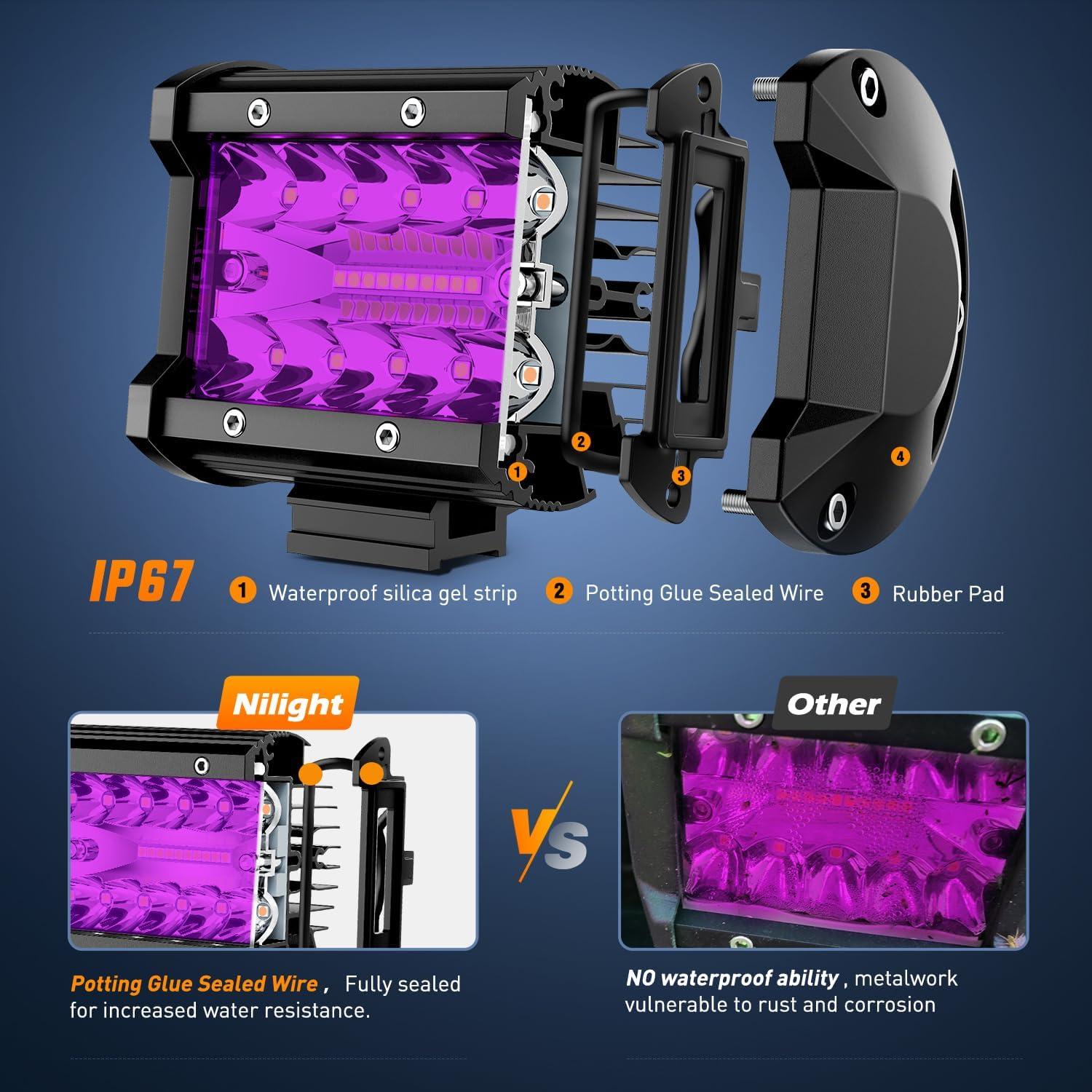 image:imageNilight 4 Inch Yellow LED Light Pods 2PCS Triple Row 60W Flood Spot Combo Offroad Driving Fog Lighting for 12V 24V Pickup Truck ATV UTV SUVPurple Led Pods