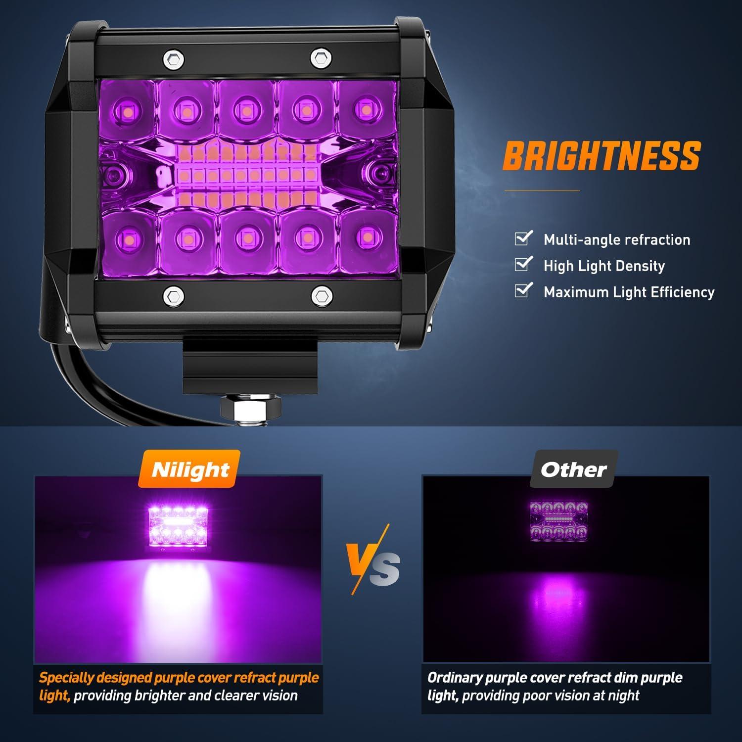 image:imageNilight 4 Inch Yellow LED Light Pods 2PCS Triple Row 60W Flood Spot Combo Offroad Driving Fog Lighting for 12V 24V Pickup Truck ATV UTV SUVPurple Led Pods
