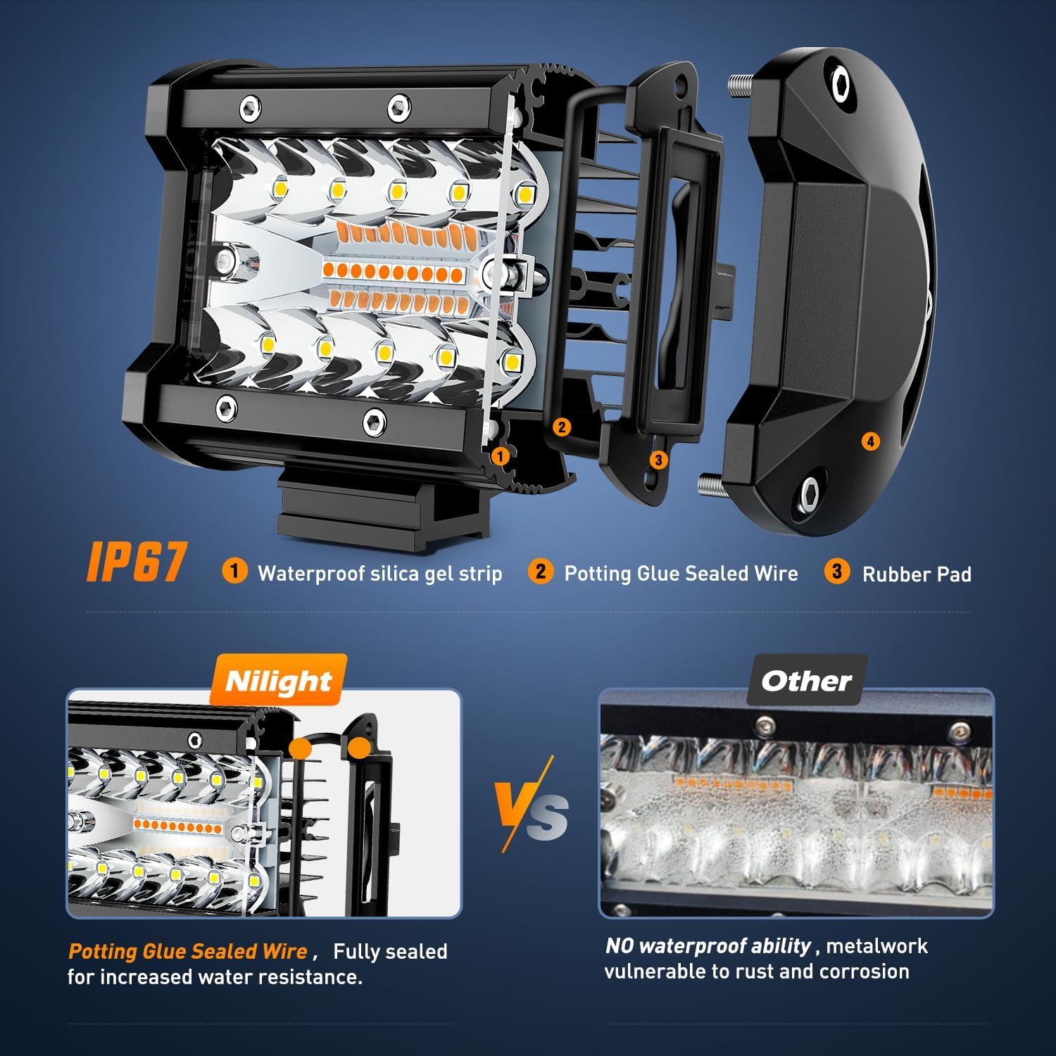 image:imageNilight 4Inch OffRoad LED Light Bar 2PCS 60W 3 Lighting Modes WhiteAmberWhiteampAmber Driving Fog Light Spot Flood Lights with 18AWG Wiring Harness for Truck Car ATV SUV Jeep BoatAmber White 3 modes