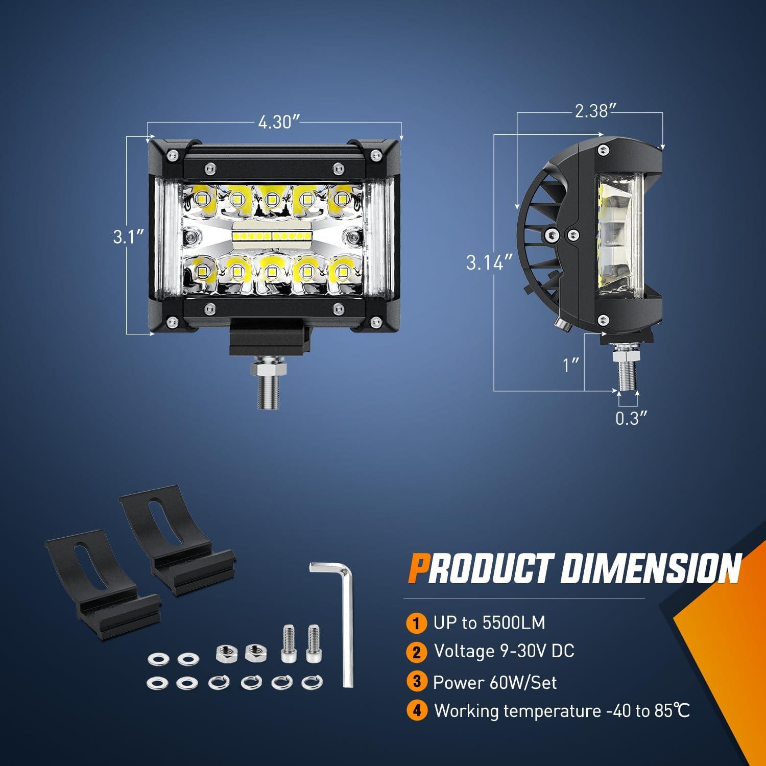 image:imageNilight 4Inch OffRoad LED Light Bar 2PCS 60W 3 Lighting Modes WhiteAmberWhiteampAmber Driving Fog Light Spot Flood Lights with 18AWG Wiring Harness for Truck Car ATV SUV Jeep BoatWhite 2PCS Side Shooter with Wiring Harness