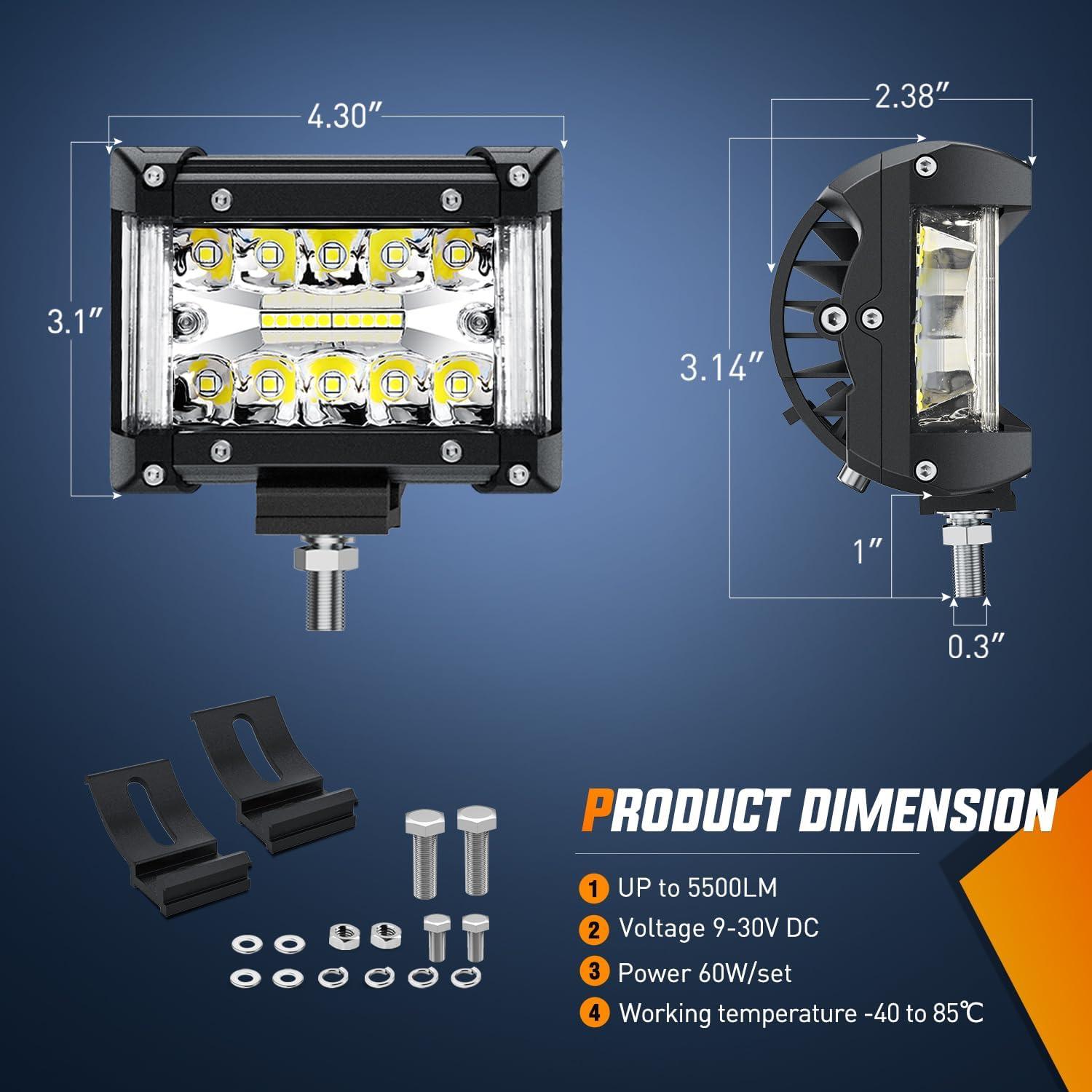 image:imageNilight 4Inch OffRoad LED Light Bar 2PCS 60W 3 Lighting Modes WhiteAmberWhiteampAmber Driving Fog Light Spot Flood Lights with 18AWG Wiring Harness for Truck Car ATV SUV Jeep BoatSide Shooter Light 2Pcs