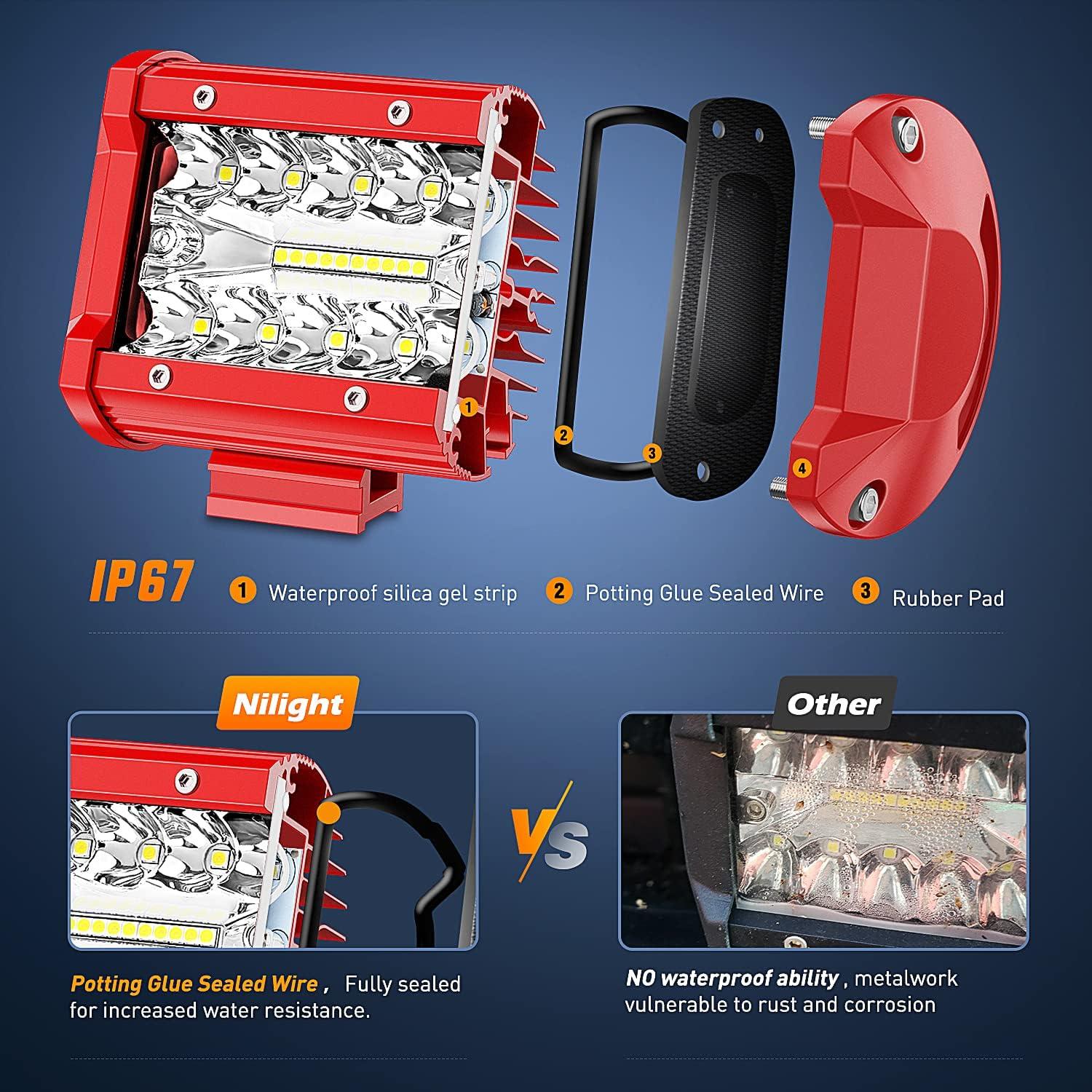 image:imageNilight 4Inch OffRoad LED Light Bar 2PCS 60W 3 Lighting Modes WhiteAmberWhiteampAmber Driving Fog Light Spot Flood Lights with 18AWG Wiring Harness for Truck Car ATV SUV Jeep BoatWhite 2PCS with Red Shell and Wiring Kit