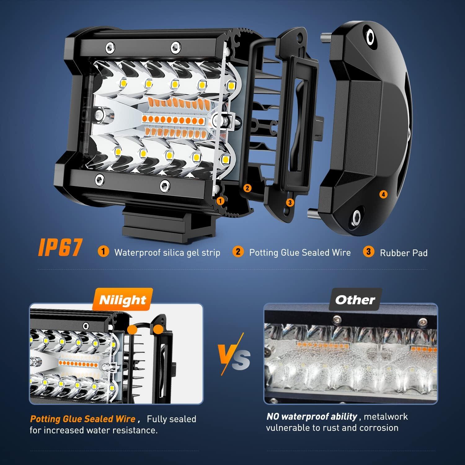 image:imageNilight 4Inch OffRoad LED Light Bar 2PCS 60W 3 Lighting Modes WhiteAmberWhiteampAmber Driving Fog Light Spot Flood Lights with 18AWG Wiring Harness for Truck Car ATV SUV Jeep BoatAmberWhite 2PCS 6 Modes with Wiring Harness