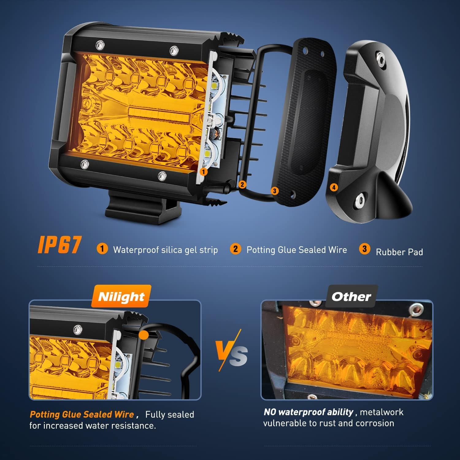 image:imageNilight 4Inch OffRoad LED Light Bar 2PCS 60W 3 Lighting Modes WhiteAmberWhiteampAmber Driving Fog Light Spot Flood Lights with 18AWG Wiring Harness for Truck Car ATV SUV Jeep BoatAmber 2PCS with Wiring Harness