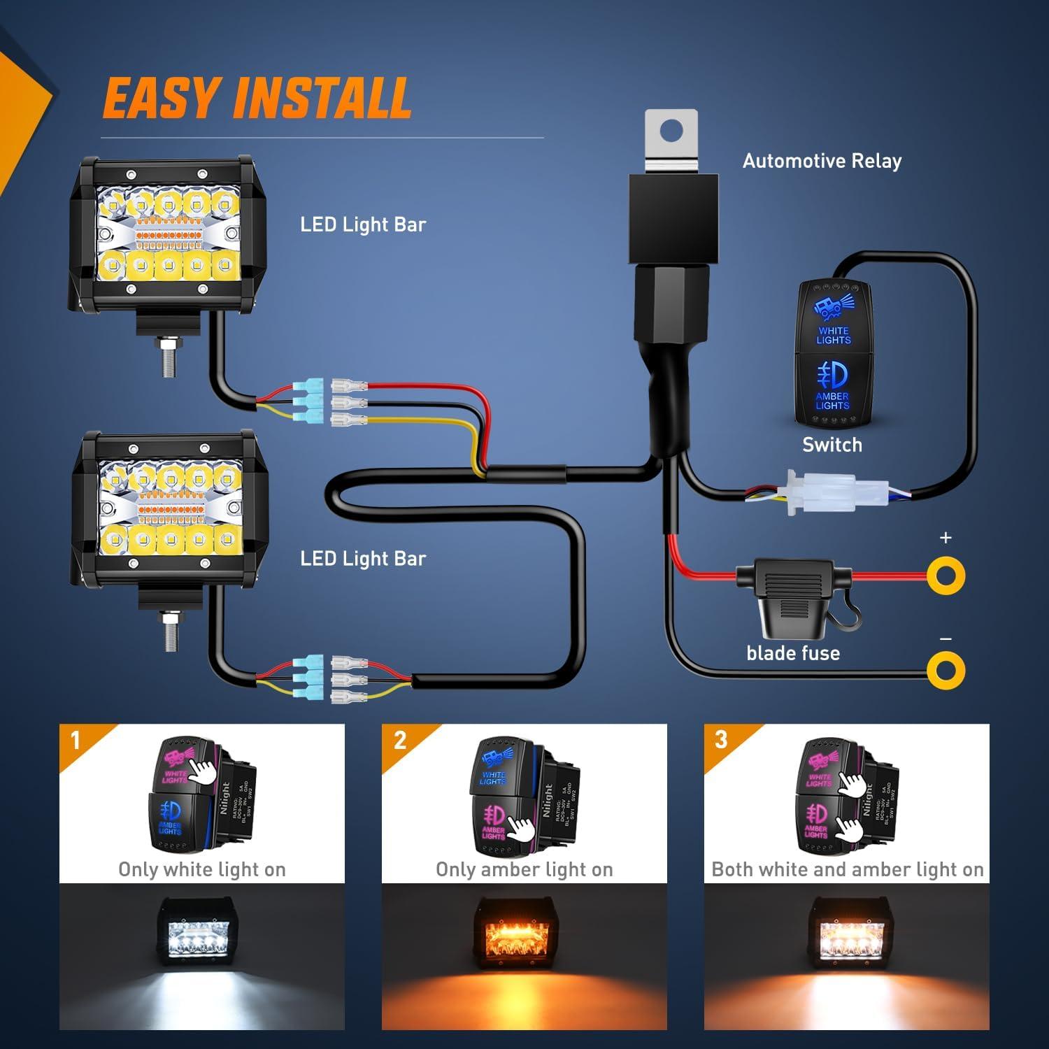 image:imageNilight 4Inch OffRoad LED Light Bar 2PCS 60W 3 Lighting Modes WhiteAmberWhiteampAmber Driving Fog Light Spot Flood Lights with 18AWG Wiring Harness for Truck Car ATV SUV Jeep BoatAmber White 3 modes
