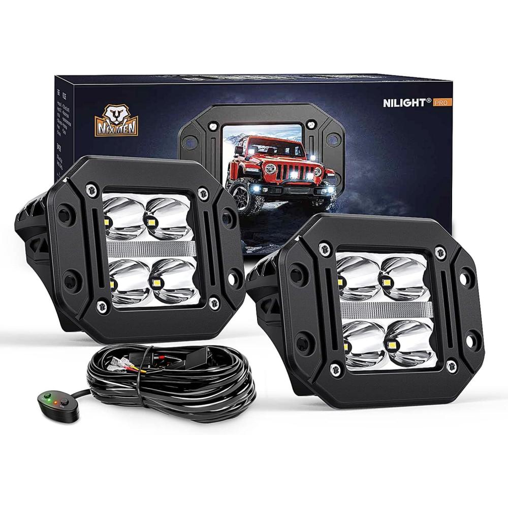 image:imageNilight 2 PCS Flush Mount LED Pod Lights with DRL 48 Inch Spot Beam 20 W 2510LM Backup Reverse Offroad Driving Fog Light w 16AWG Wiring kit for 4x4 Truck SUV JeepFlush Mount LED with White DRL